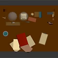 Wooden Desk with Attached Bookshelf Featuring Books Stationery and Small Decorations