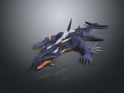 Blue Dragon 3D Game Movie Character With White Mane Golden Spikes Open Mouth Sharp Teeth 3d model