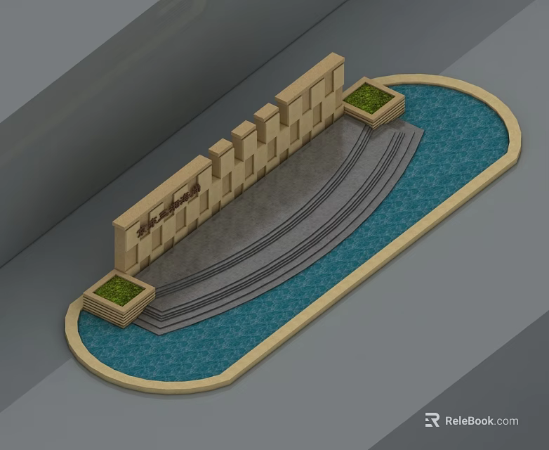 Hinged Door Design With Curved Pool Steps And Stone Wall Green Plants 3d model 