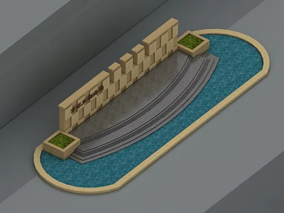Hinged Door Design With Curved Pool Steps And Stone Wall Green Plants 3d model
