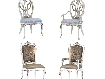 Elegant Carved Dining Chairs With White Legs And Upholstered Blue Striped Floral Patterned Seats 3d model