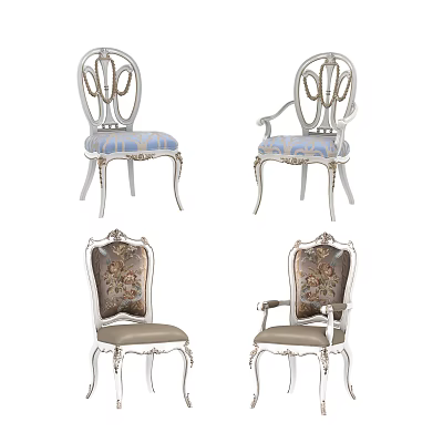 Elegant Carved Dining Chairs With White Legs And Upholstered Blue Striped Floral Patterned Seats 3d model