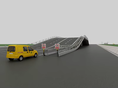 Road Infrastructure Featuring Yellow Car Traffic Signs And Bridge Structure On Roadway 3d model