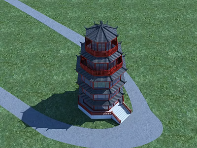 Chinese Garden Landscape Featuring Traditional Pagoda Green Lawn And Curved Pathway 3d model