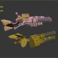 Golden Futuristic Mechanical Weapon With Barrel Gear Decorative Parts And Metallic Structure