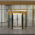 Golden Revolving Door At Modern Building Entrance With Glass Curtain Wall Design Exterior