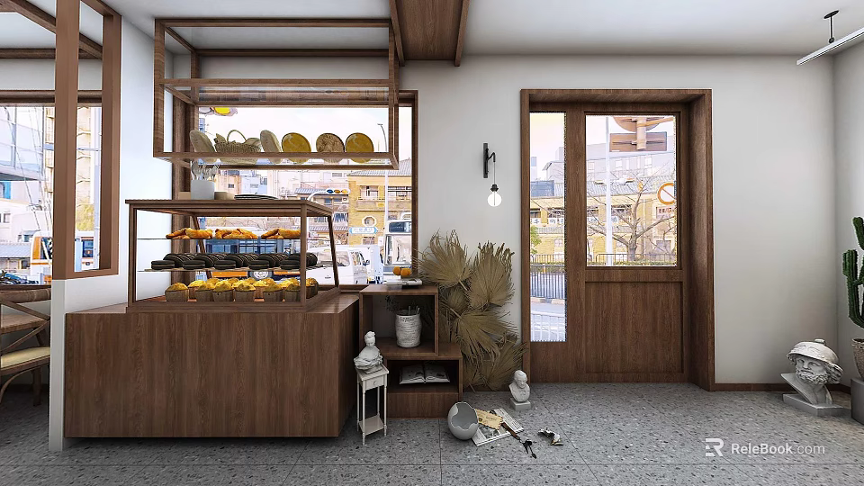 Cozy Bakery Interior Featuring Wooden Counter Display Shelves and Fresh Bread 3d model 
