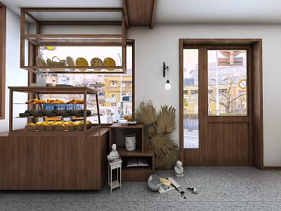 Cozy Bakery Interior Featuring Wooden Counter Display Shelves and Fresh Bread 3d model