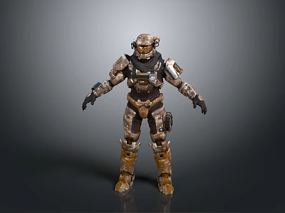 Game Movie Character Futuristic Armored Warrior Standing In Metallic Brown Gold Armor And Helmet 3d model