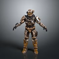 Game Movie Character Futuristic Armored Warrior Standing In Metallic Brown Gold Armor And Helmet