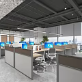 Modern Open Office Space With Work Cubicles Computers Wooden Cabinets And Decorative Ceiling 3d model
