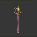 Red And Gold Decorative Axe With Wooden Handle And Sharp Metal Blade Design