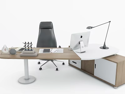 Modern Wooden Office Desk With Black Chair Apple MacBook Desk Lamp And Supplies 3d model