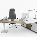 Modern Wooden Office Desk With Black Chair Apple MacBook Desk Lamp And Supplies