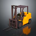 Yellow Industrial Forklift With Brown Forks Operator Cab And Black Wheels