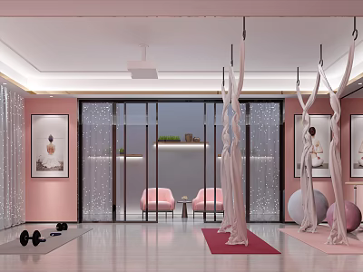 Pink Yoga Studio with Aerial Yoga Hammocks Yoga Mats Exercise Balls and Dumbbells 3d model