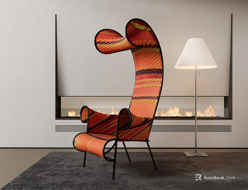 Stylish Outdoor Chair Featuring Curved Backrest Armrests Black Metal Frame And Orange Red Stripes 3d model 