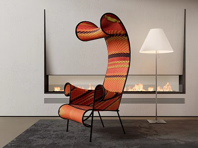 Stylish Outdoor Chair Featuring Curved Backrest Armrests Black Metal Frame And Orange Red Stripes 3d model
