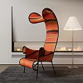 Stylish Outdoor Chair Featuring Curved Backrest Armrests Black Metal Frame And Orange Red Stripes