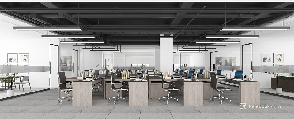 Modern Public Office Space With Desks Office Chairs Computers And Ceiling Lights 3d model
