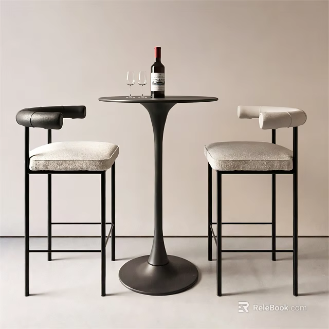 Stylish Modern Bar Stools With Upholstered Seats And Leather Backrests Around Round Bar Table 3d model 