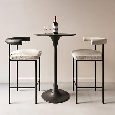 Stylish Modern Bar Stools With Upholstered Seats And Leather Backrests Around Round Bar Table 3d model