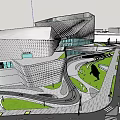 Modern Sports Park Building With Blue Dotted Facade And People Walking