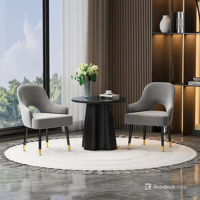 Accent Chairs and Black Round Coffee Table With Flower Vase Books and Scenic Green View 3d model 