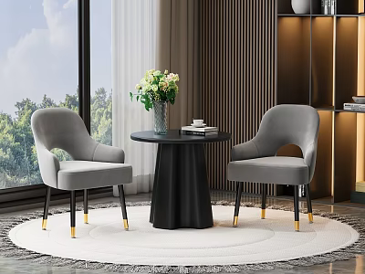 Accent Chairs and Black Round Coffee Table With Flower Vase Books and Scenic Green View 3d model