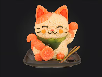 Japanese Lucky Cat Rice Sculpture On Black Plate With Salmon Decor And Chopsticks 3d model