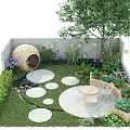 Tranquil Garden Landscape with Circular Stone Paths Purple Flowers Large Tree and Wooden Seating