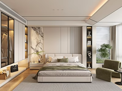 Modern Bedroom Interior Design With Bed Open Wardrobe Nightstand Green Plant Armchair And Carpet 3d model