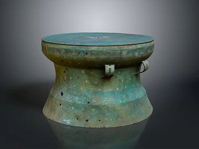 Ancient Bronze Drum Equipment With Circular Top Metal Side Rings Rustic Greenish Surface 3d model