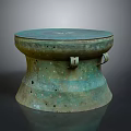 Ancient Bronze Drum Equipment With Circular Top Metal Side Rings Rustic Greenish Surface