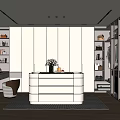Modern Walk in Closet Interior With Glass Panel Doors Cabinets Central Dressing Table And Recessed Lighting