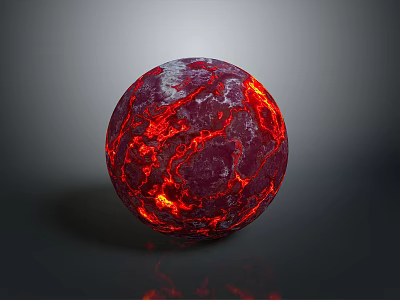 Glowing Red Lava Sphere With Flowing Texture On Dark Reflective Background 3d model