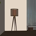 Modern Wooden Tripod Floor Lamp With Fabric Shade In Warm Lit Room Interior