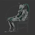 Mechanical Robot Sitting On Dark Chair With Silver Gray And Light Green Metallic Structure