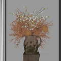 Vintage Vase With Dried Flowers On Wooden Stump Base Light Wall White Curtains