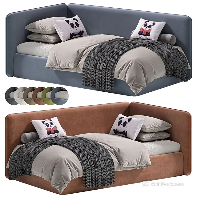 Comfortable Modern Soft Upholstered Kids Bed With Cute Panda Pillows And Multiple Color Choices 3d model 