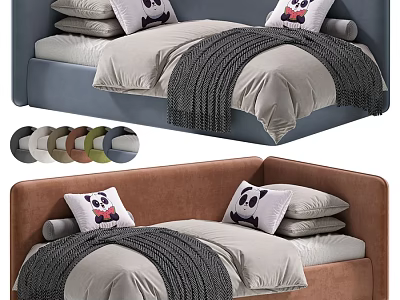 Comfortable Modern Soft Upholstered Kids Bed With Cute Panda Pillows And Multiple Color Choices 3d model