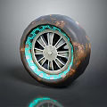 Textured Weathered Tire With Illuminated Teal Glow Rim And Metallic Accent Design