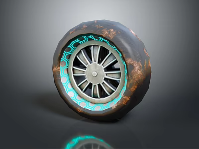 Textured Weathered Tire With Illuminated Teal Glow Rim And Metallic Accent Design 3d model