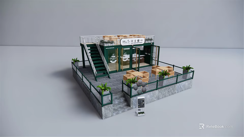 Two Story Modern Container Building with Terrace Tables Chairs and Green Plants 3d model 
