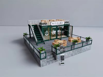 Two Story Modern Container Building with Terrace Tables Chairs and Green Plants 3d model