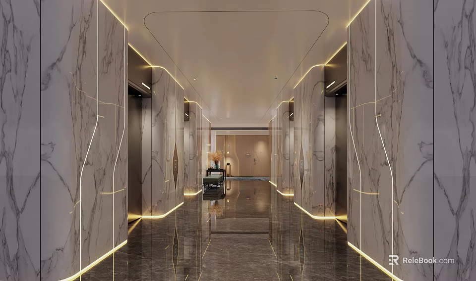 Luxurious Hotel Corridor Featuring Marble Walls Illuminated Lighting Elevators And Polished Flooring 3d model 