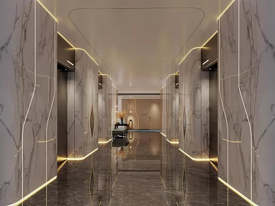 Luxurious Hotel Corridor Featuring Marble Walls Illuminated Lighting Elevators And Polished Flooring 3d model