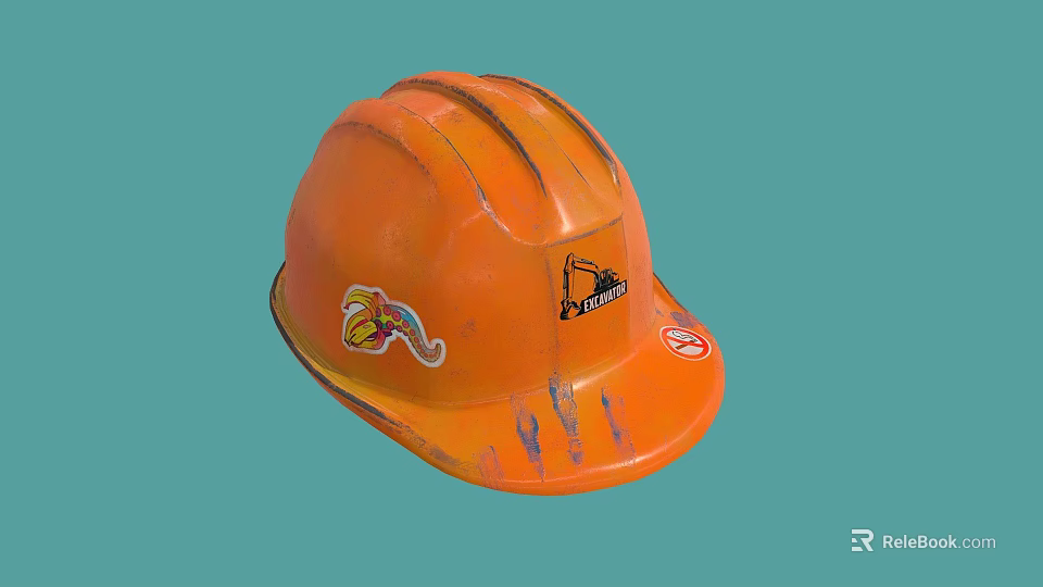 Orange Safety Hard Hat With Sticker Logo And Surface Scratches 3d model 