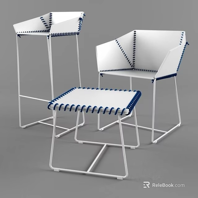 Modern Bar Stools With White Frame Blue Stitching And Metal Structure 3d model 