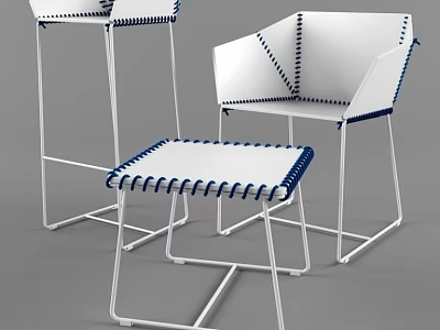 Modern Bar Stools With White Frame Blue Stitching And Metal Structure 3d model